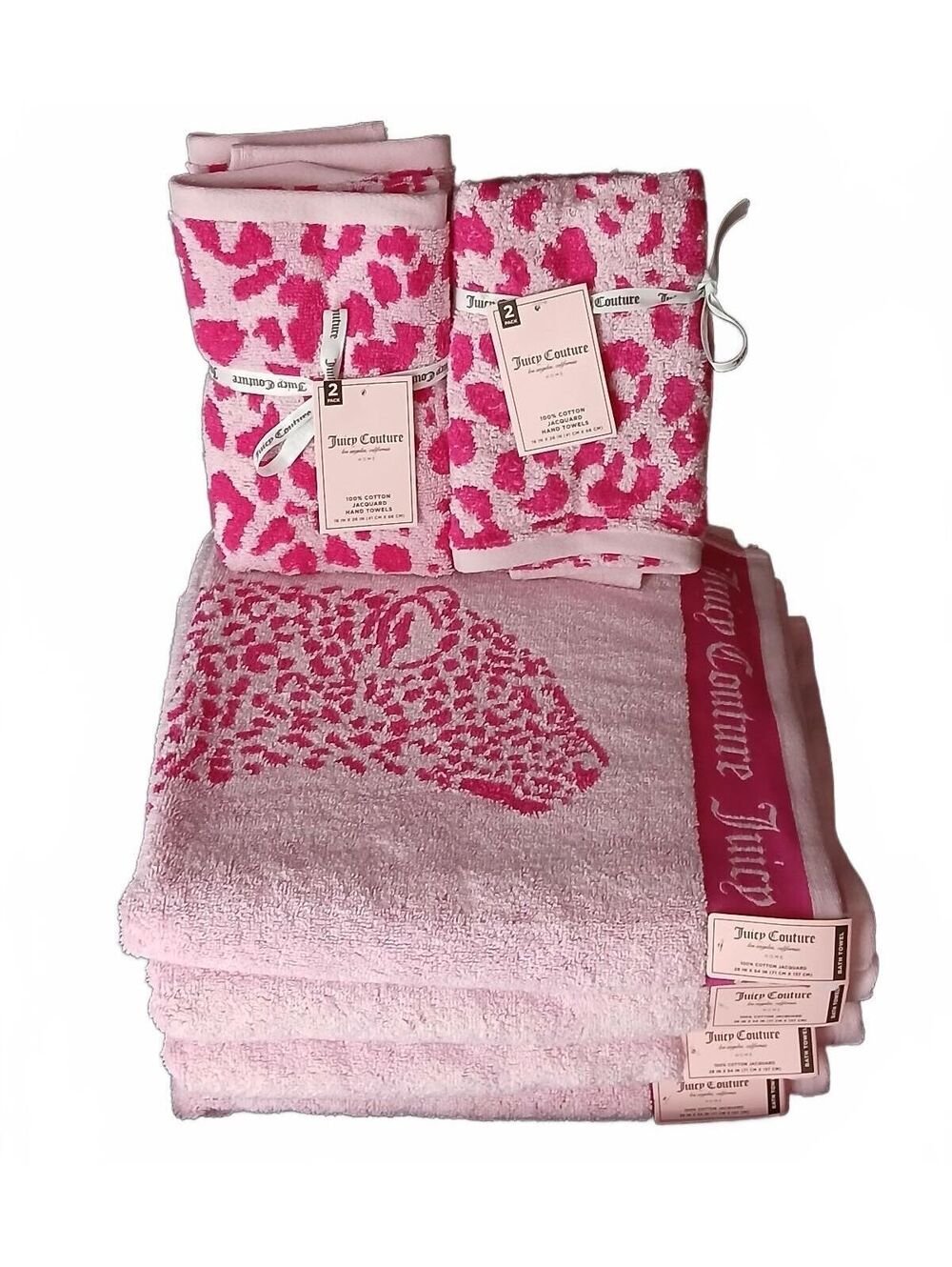 Juicy Couture 8 Piece Pink Leopard Bath Towel Set NWT Rare Cotton Jacquard
